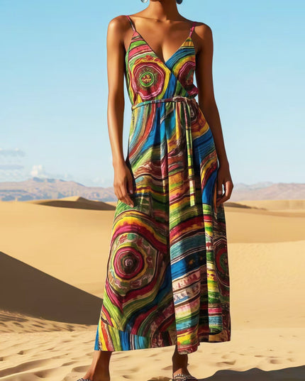 Full length view of a women's rainbow print V-neck maxi sundress with thin straps and a tie waist, standing in a desert landscape.