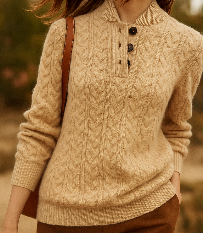 Women's Raised Collar Buttoned Cable Knitted Jumper