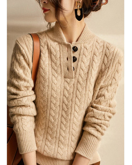 Women's Raised Collar Buttoned Cable Knitted Jumper