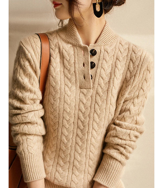 Women's Raised Collar Buttoned Cable Knitted Jumper