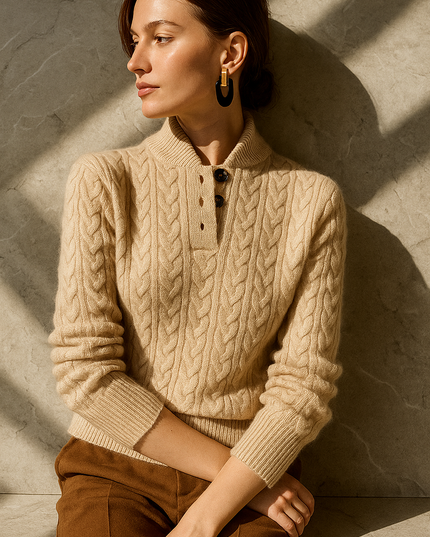 Women's Raised Collar Buttoned Cable Knitted Jumper