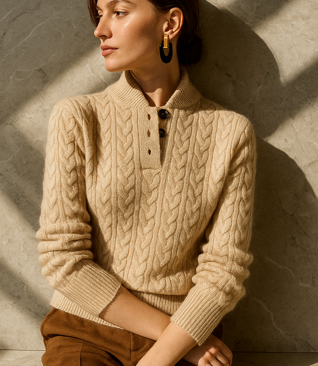 Women's Raised Collar Buttoned Cable Knitted Jumper