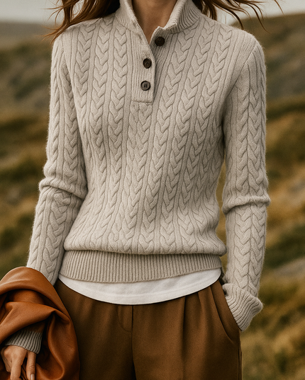 Women's Raised Collar Buttoned Cable Knitted Jumper