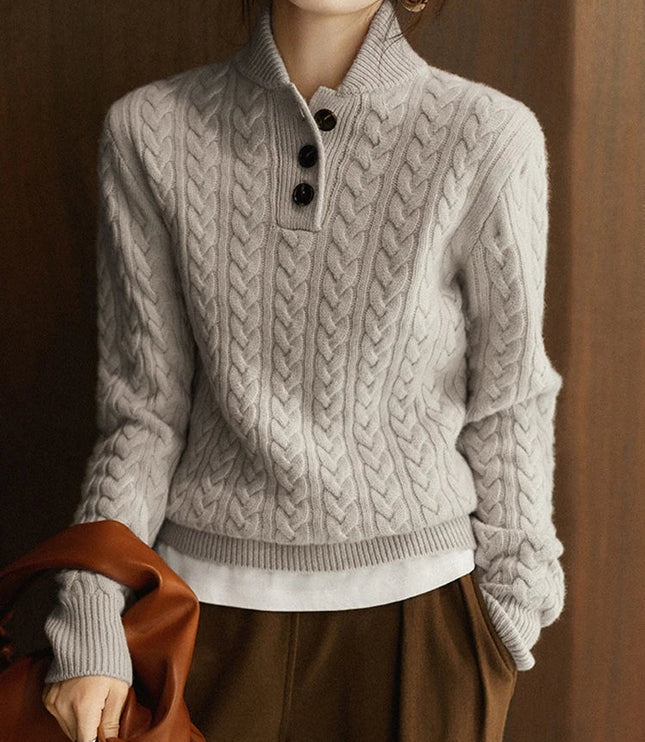 Women's Raised Collar Buttoned Cable Knitted Jumper