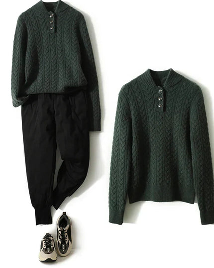 Women's Raised Collar Buttoned Cable Knitted Jumper