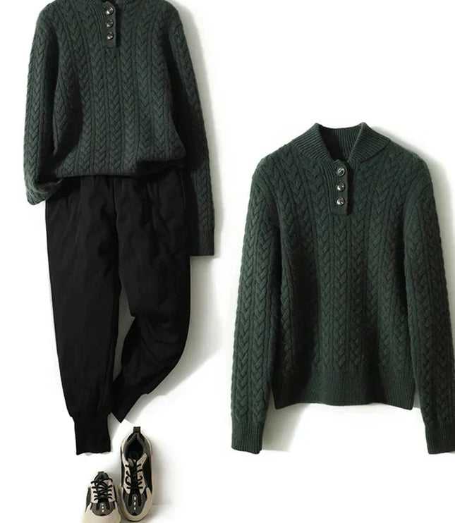 Women's Raised Collar Buttoned Cable Knitted Jumper