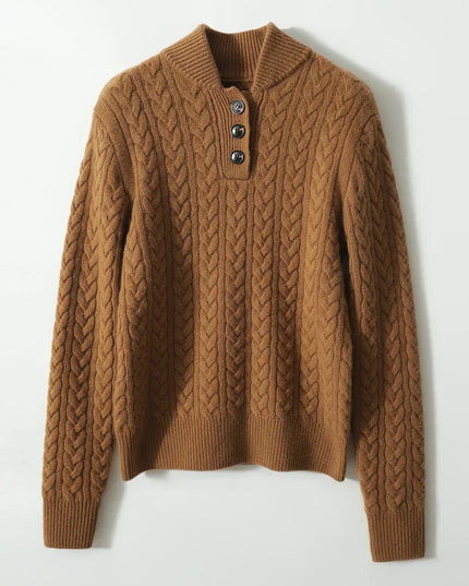 Women's Raised Collar Buttoned Cable Knitted Jumper