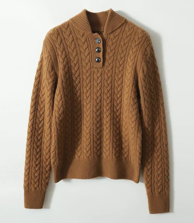 Women's Raised Collar Buttoned Cable Knitted Jumper