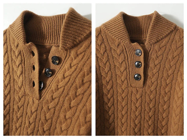 Women's Raised Collar Buttoned Cable Knitted Jumper