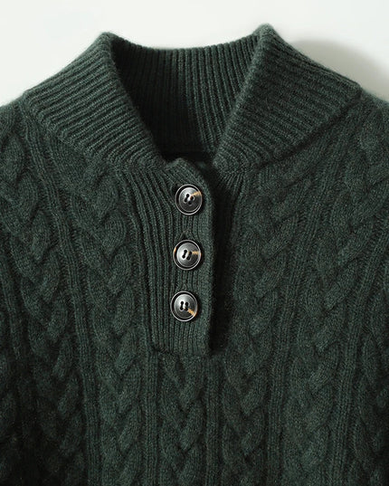 Women's Raised Collar Buttoned Cable Knitted Jumper
