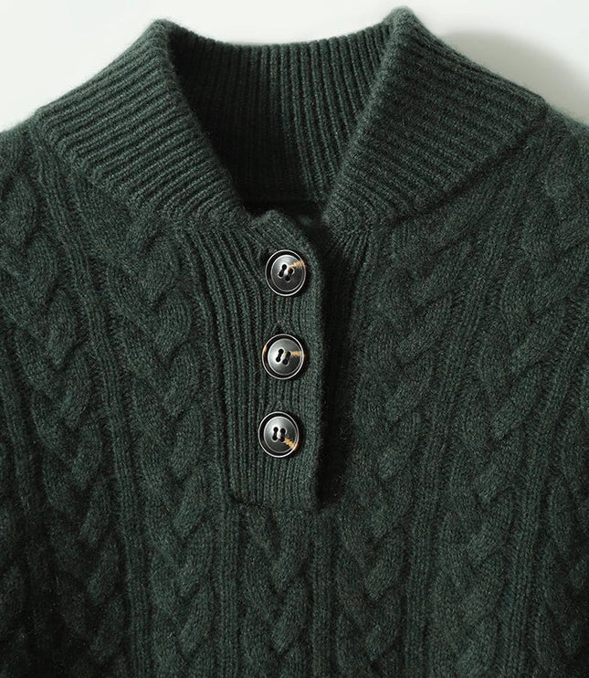 Women's Raised Collar Buttoned Cable Knitted Jumper