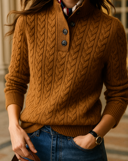 Women's Raised Collar Buttoned Cable Knitted Jumper