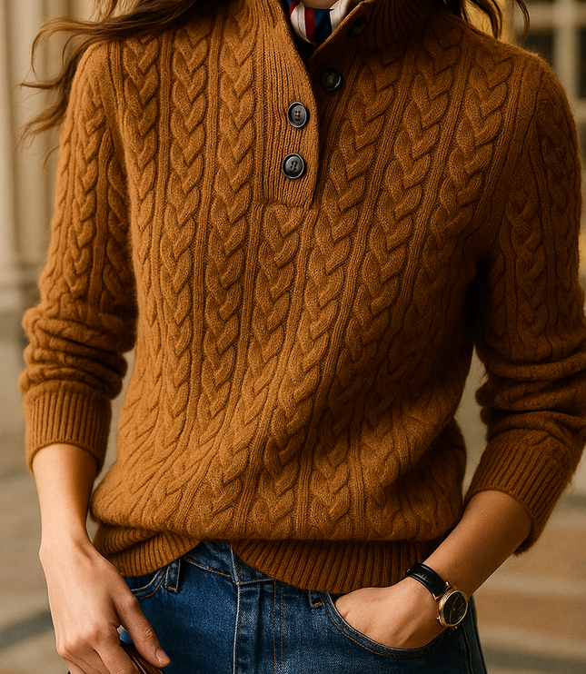 Women's Raised Collar Buttoned Cable Knitted Jumper