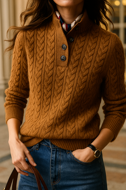 Women's Raised Collar Buttoned Cable Knitted Jumper