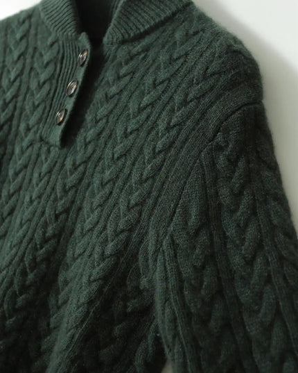Women's Raised Collar Buttoned Cable Knitted Jumper