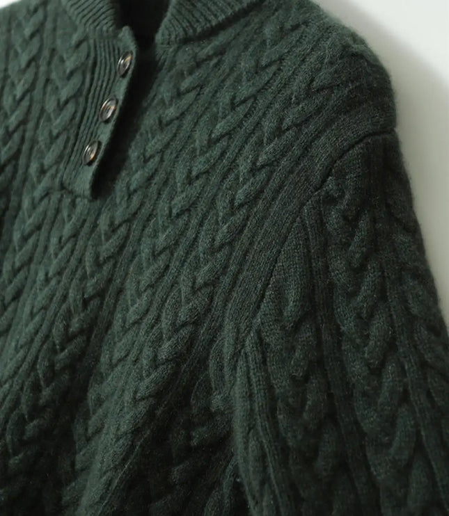 Women's Raised Collar Buttoned Cable Knitted Jumper