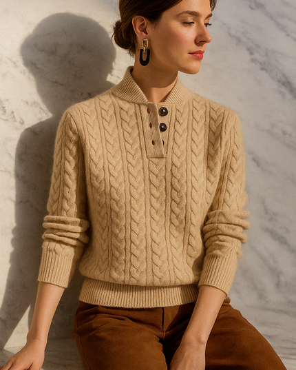 Women's Raised Collar Buttoned Cable Knitted Jumper