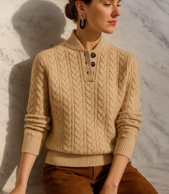 Women's Raised Collar Buttoned Cable Knitted Jumper