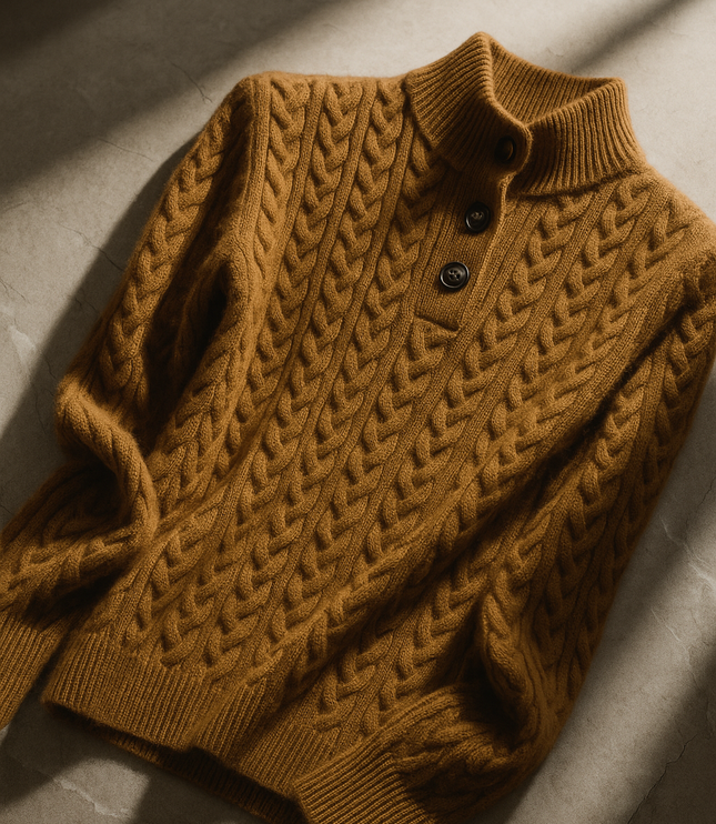 Women's Raised Collar Buttoned Cable Knitted Jumper