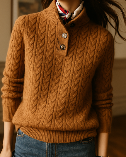 Women's Raised Collar Buttoned Cable Knitted Jumper