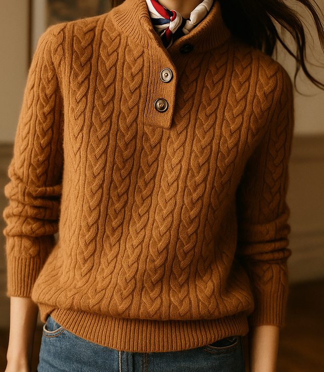 Women's Raised Collar Buttoned Cable Knitted Jumper