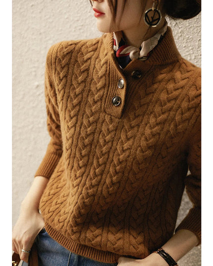 Women's Raised Collar Buttoned Cable Knitted Jumper