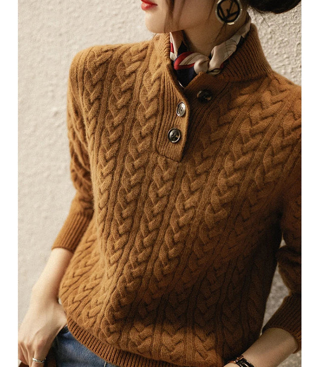 Women's Raised Collar Buttoned Cable Knitted Jumper