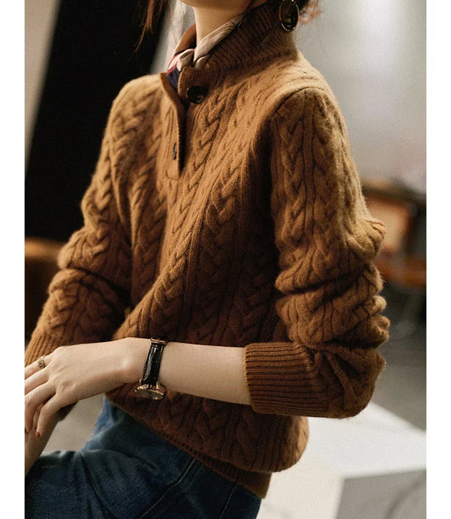 Women's Raised Collar Buttoned Cable Knitted Jumper