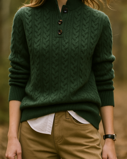 Women's Raised Collar Buttoned Cable Knitted Jumper