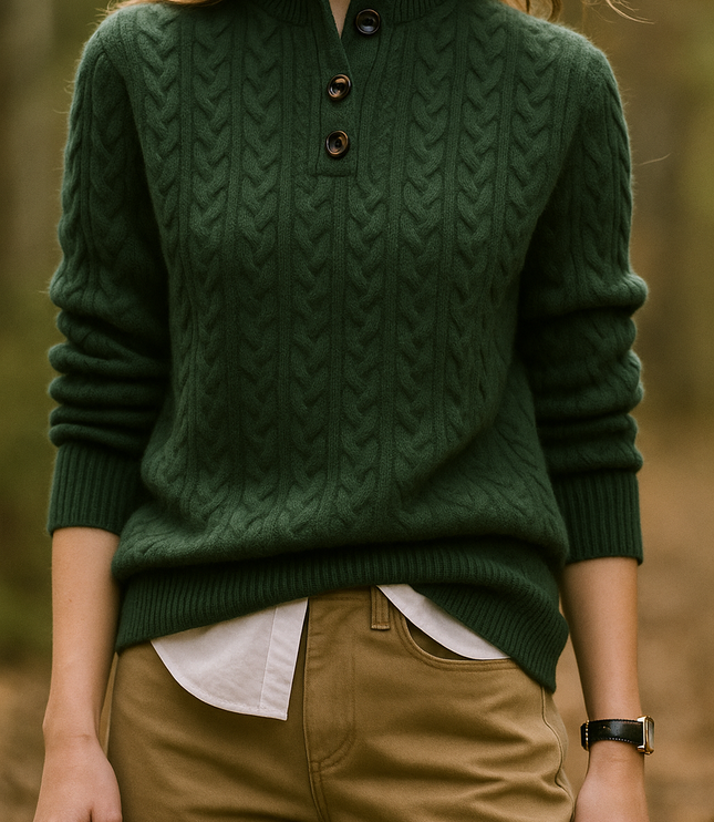 Women's Raised Collar Buttoned Cable Knitted Jumper