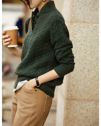 Women's Raised Collar Buttoned Cable Knitted Jumper