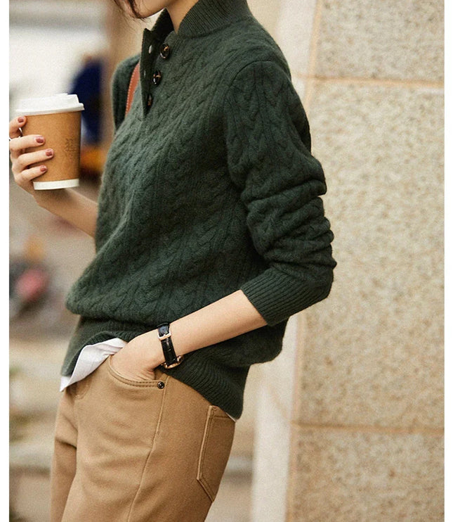 Women's Raised Collar Buttoned Cable Knitted Jumper