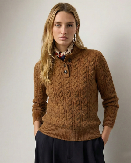 Women's Raised Collar Buttoned Cable Knitted Jumper