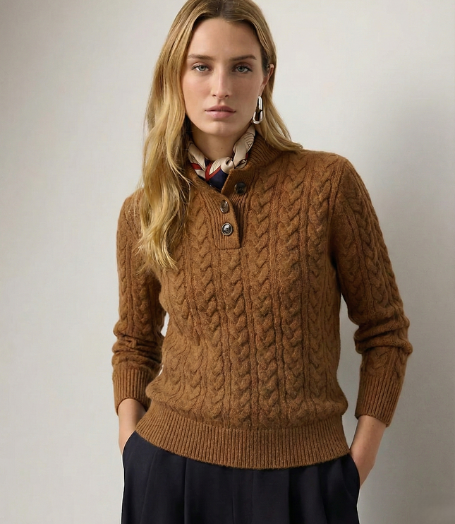 Women's Raised Collar Buttoned Cable Knitted Jumper