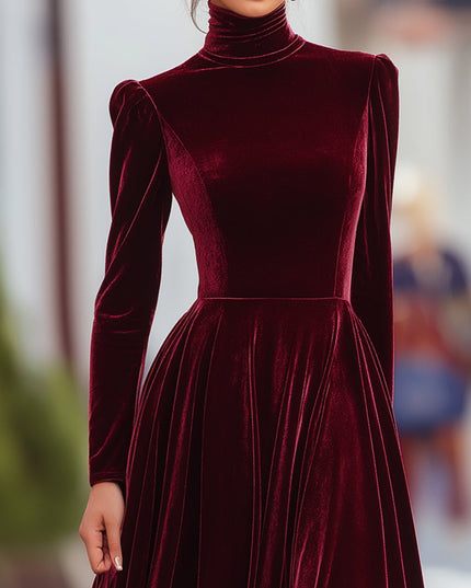 Women's Raised Shoulder Fitted Waist Velvet Dress