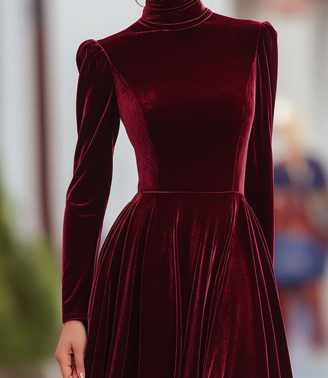 Women's Raised Shoulder Fitted Waist Velvet Dress