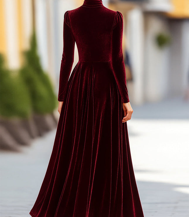 Women's Raised Shoulder Fitted Waist Velvet Dress
