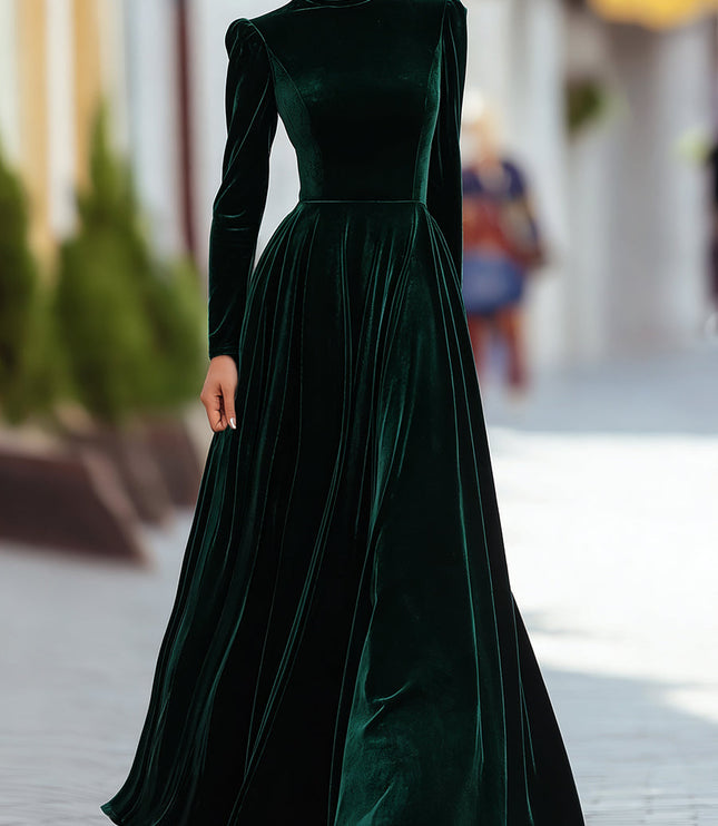 Women's Raised Shoulder Fitted Waist Velvet Dress
