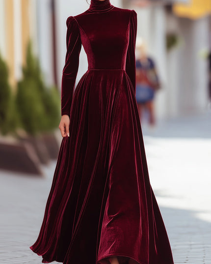 Women's Raised Shoulder Fitted Waist Velvet Dress