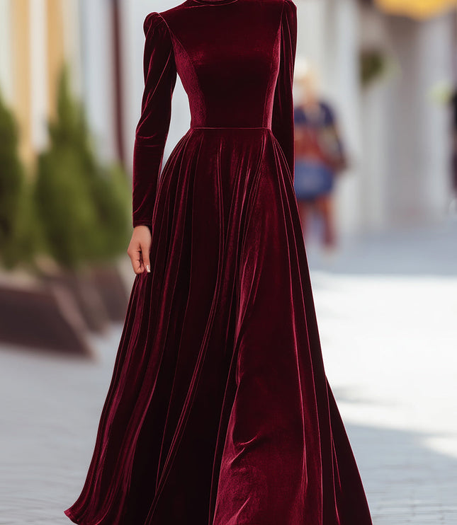 Women's Raised Shoulder Fitted Waist Velvet Dress
