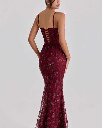 Vestido maxi formal de noche para mujer con corsé rojo y cuentas