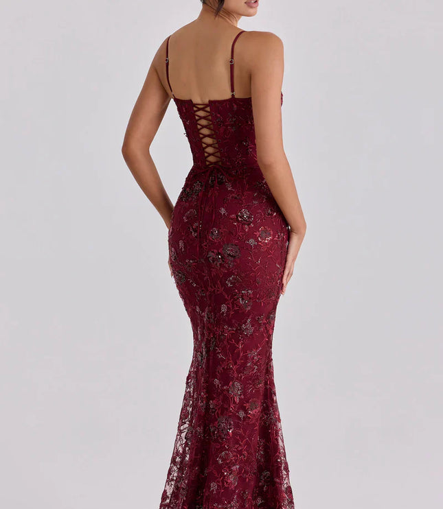 Vestido maxi formal de noche para mujer con corsé rojo y cuentas