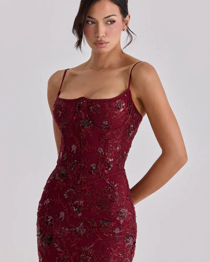 Vestido maxi formal de noche para mujer con corsé rojo y cuentas