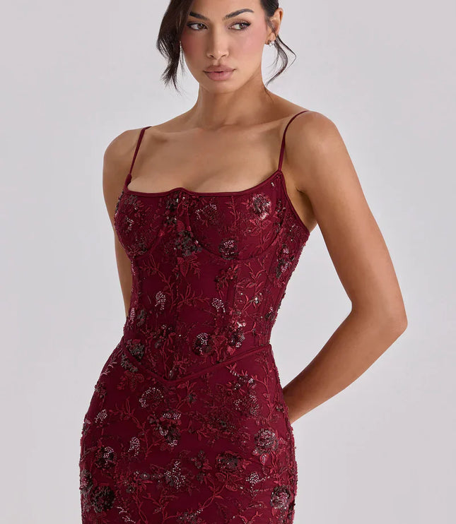Vestido maxi formal de noche para mujer con corsé rojo y cuentas
