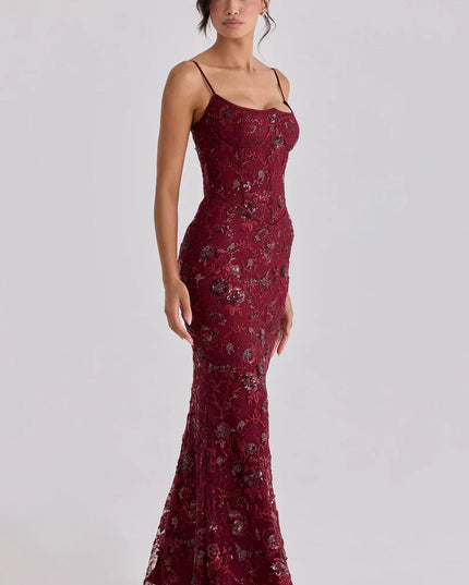 Vestido maxi formal de noche para mujer con corsé rojo y cuentas