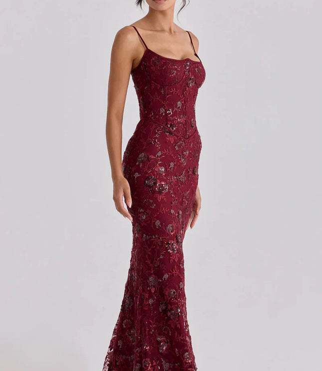 Vestido maxi formal de noche para mujer con corsé rojo y cuentas