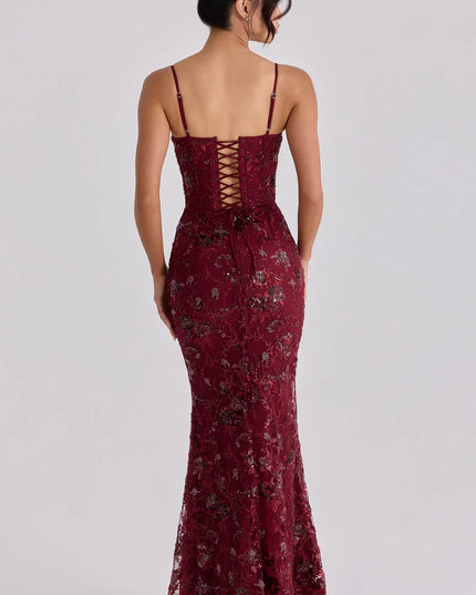 Vestido maxi formal de noche para mujer con corsé rojo y cuentas