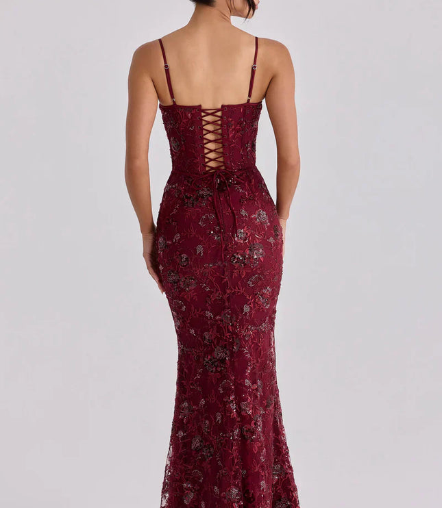 Vestido maxi formal de noche para mujer con corsé rojo y cuentas