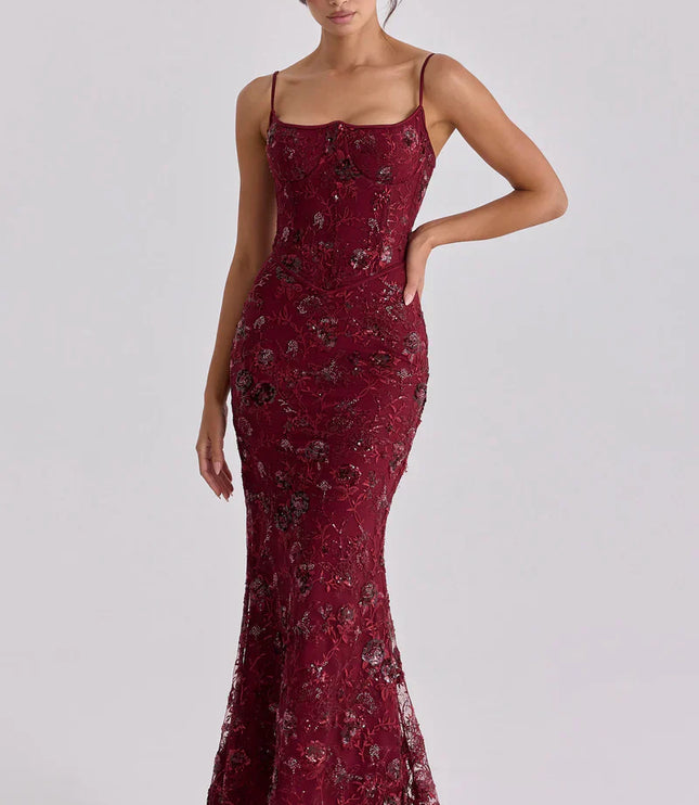 Vestido maxi formal de noche para mujer con corsé rojo y cuentas