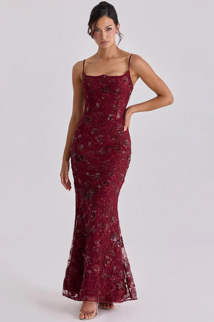 Vestido maxi formal de noche para mujer con corsé rojo y cuentas